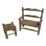 Banquette et tabouret en bois et paille pour poupée Banquette et tabouret en bois et paille pour poupée