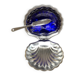 Beurrier coquille vintage en inox et verre bleu cobalt avec bote + couteau