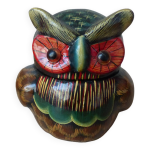 Boite  bijoux, boite  secrets en forme de hibou en bois laqu color et velours rouge vintage