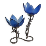 Bougeoir en étain & verre, décor floral, signé jean goardére. Bougeoir en étain & verre, décor floral, signé jean goardére.