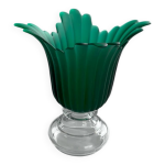 Bougeoir fleur en verre vintage vert et transparent grand photophore