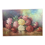 Bouquet fleurs sur table huile sur panneau isorel signe m. cornil