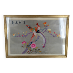 Broderie ancienne sous verre, couple d'oiseaux, soie, chine, dbut xxe