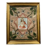 Broderie religieuse du xixeme si�cle : tableau ex voto avec une image pieuse