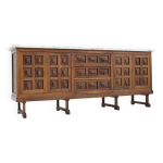 Buffet brutaliste espagnol en bois massif et marbre