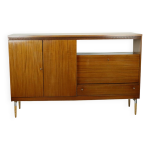 Buffet haut vintage du milieu du sicle, tiroirs et portes, placage teck, 200 cm