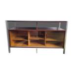 Buffet, meuble hi - fi en bois, aluminium bross et verre fum, annes 70