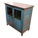 Buffet vaisselier vitre bleu rouge large plateau bois vieux teck