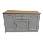 Buffet vintage en ch�ne sublim� en gris perle, plateau bois.