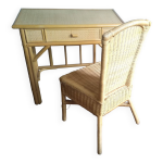 Bureau ou console et son fauteuil en rotin et bambou