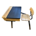 Bureau colier vintage bois et mtal noir restaur avec encrier porcelaine