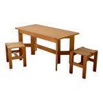 Bureau pliable ou console pin massif, 2 tabourets, dition regain certifie