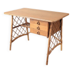 Bureau vintage chne et rotin attribu  louis sognot