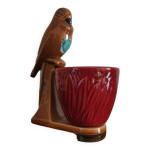 Cache pot figurative perroquet barbotine marron bleu / vert