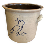 Cache pot en gres vernisse decor oiseau bleu au colbalt avec petites oreilles Cache pot en gres vernisse decor oiseau bleu au colbalt avec petites oreilles