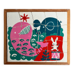 Cadre puzzle en bois des ann�es 40 / 50 repr�sentant une baleine rose.