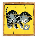Cadre puzzle en bois des ann�es 40 / 50 repr�sentant un chat sur fond jaune.