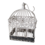 Cage pour d�co en m�tal, patin�e blanche et rotin