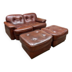 Canap 2 places et 2 poufs en cuir, vavassori monza, italie 1970