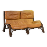 Canap� brutaliste en bambou courb� avec rev�tement en cuir caramel, ann�es 60