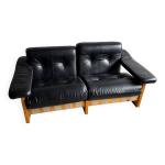 Canap deux places en cuir noir italien des annes 1970, sign poltrona munari structure en pin et toile ...