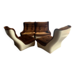 Canap� modulable 4 places airborne ann�es 1970 coussins en velours marron et coque en abs cr�me