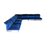Canap modulable 7 places inox et velours bleu roy, france annes 70