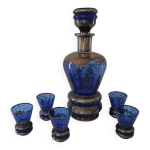 Carafe et 5 verres bleu cobalt d�cor or ann�es 1950