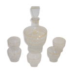 Carafe et 6 verres ballons en verre transparent et lisers or vintage 1950