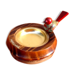 Cendrier  main, bois tourn, dcor oiseau, annes 1950