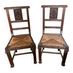 Chaises anciennes en bois sculpt�s et assise en paille