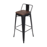 Chaise de bar de style industriel métal noir et assise bois foncé avec dossier hauteur 66cm Chaise de bar de style industriel métal noir et assise bois foncé avec dossier hauteur 66cm
