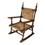 Chaise  bascule ancienne franaise en chne et jonc, annes 1900