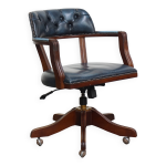 Chaise de bureau chesterfield en cuir de vache bleu et bois de style anglais