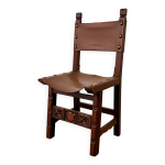 Chaise espagnole en cuir et bois sculpté, années 1950 / 60 Chaise espagnole en cuir et bois sculpté, années 1950 / 60
