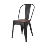Chaise industrielle en métal noir mat avec assise bois naturel foncé Chaise industrielle en métal noir mat avec assise bois naturel foncé