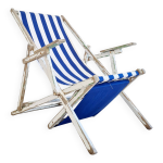 Chaise longue - transat ancien en tissu ray bleu et blanc