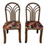 Chaise en rotin  dossier ventail en velours fleuri