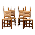Chaises de salle à manger rustiques brutalistes espagnoles en chêne et jonc Chaises de salle à manger rustiques brutalistes espagnoles en chêne et jonc