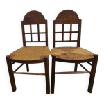 Chaises vintage en bois massif et assise en paille tresse - dossier design