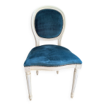 Chaise vintage style louis xvi velours bleu ptrole et bois patin