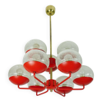 Chapeau de lumi�re des ann�es 1960, m�tal rouge et laiton, 9 abat - jours en verre craquel�