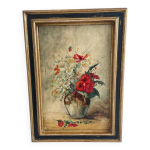 Charmant tableau ancien de fleurs, nature morte au vase, peinture / panneau