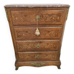 Chiffonnier louis xv en marqueterie et bronze dor - plateau marbre