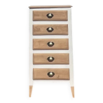 Chiffonnier vintage pieds compas en bois massif brut et patin blanc