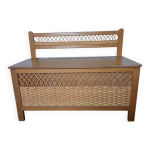 Coffre  jouets, banc en bois et rotin, annes 60