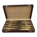 Coffret complet de 12 couteaux  fromage inox manches baklite viroles art dco