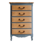 Commode  5 tiroirs en bois naturel et fond bleu en chne semi - massif