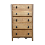 Commode 5 tiroirs vintage en sapin clair 1950 boutons noir Commode 5 tiroirs vintage en sapin clair 1950 boutons noir