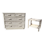 Commode blanche en rotin avec son banc Commode blanche en rotin avec son banc